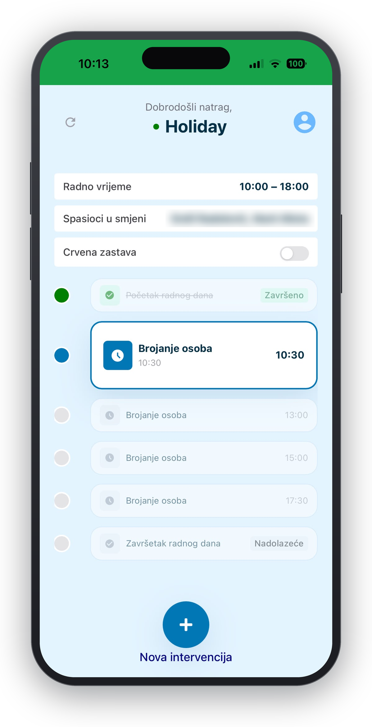 Početni ekran mobilne aplikacije OPSIGNIA na početku smjene