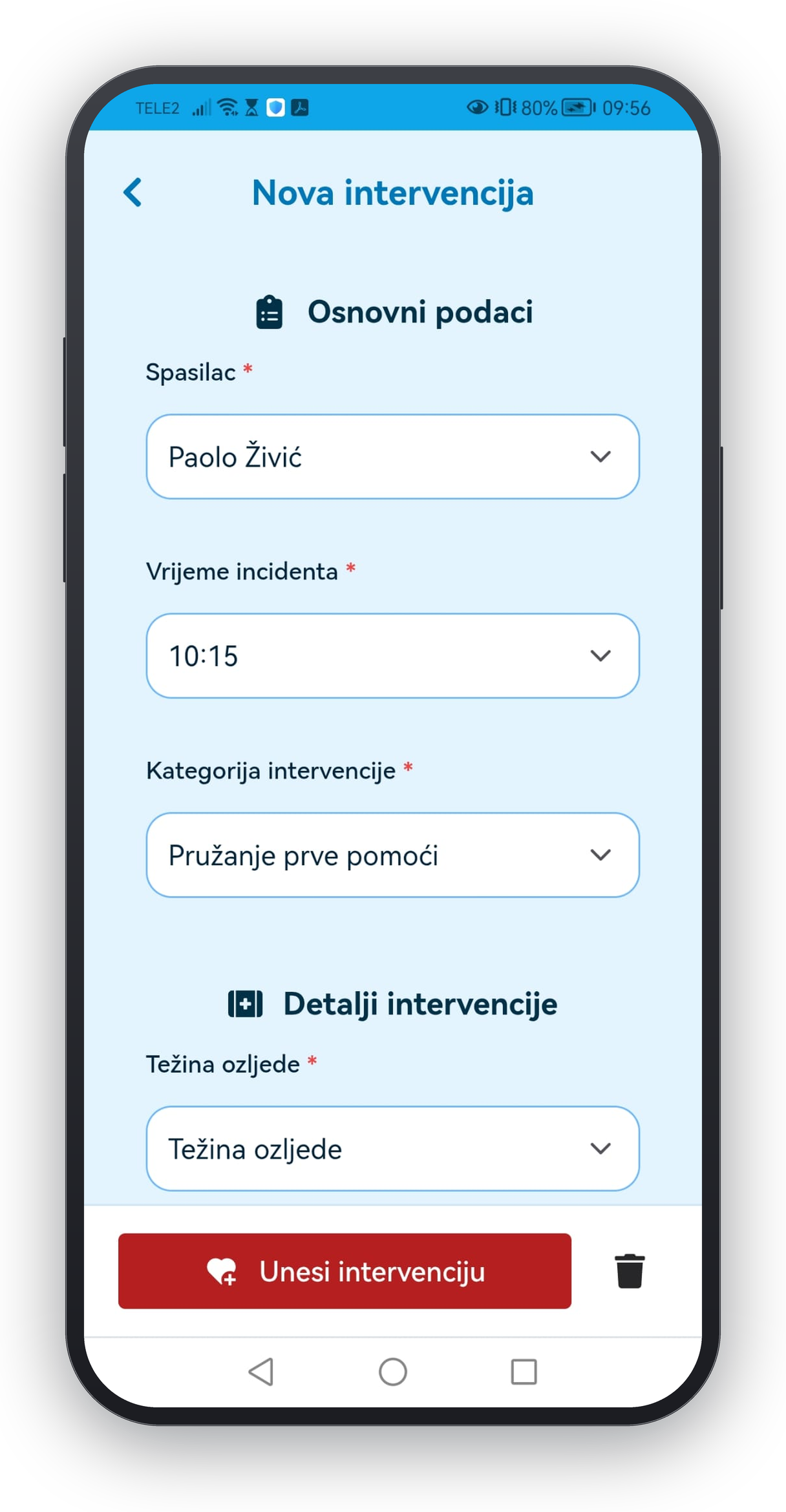 Unos intervencije u aplikaciji OPSIGNIA