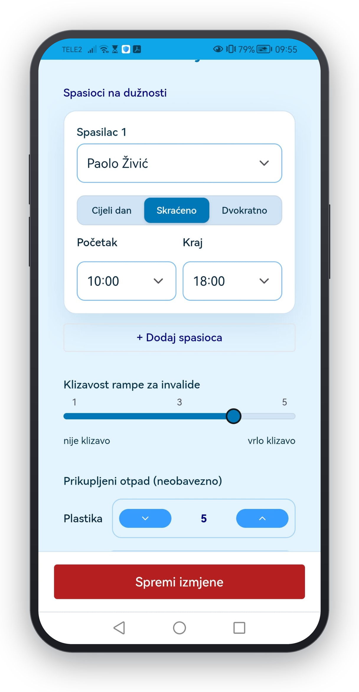 Početni ekran aplikacije OPSIGNIA na početku smjene